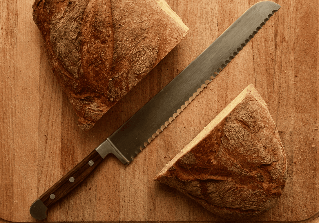 Serrated bread knife on a wooden board beside bread slices