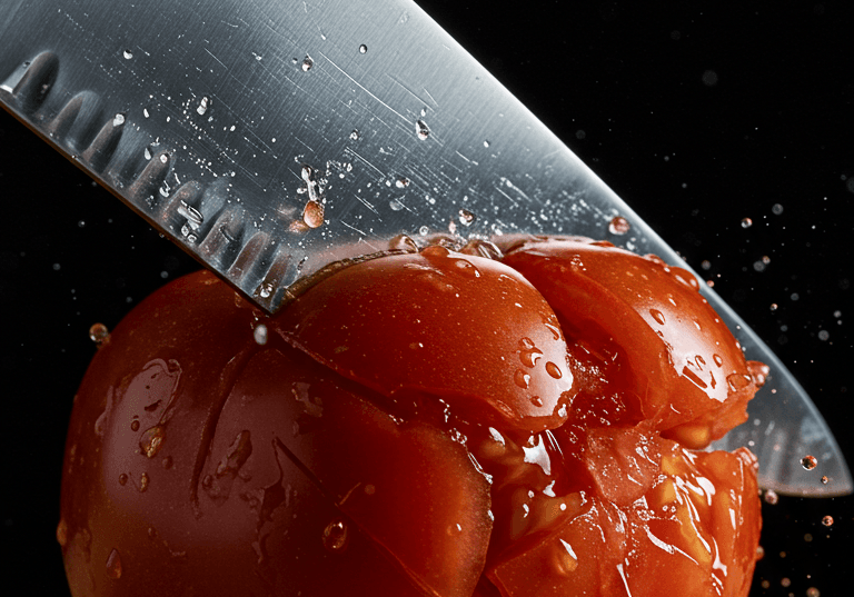 Knife slicing a red tomato