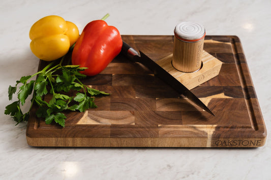 Knife and vegetables on an Oakstone chopping board