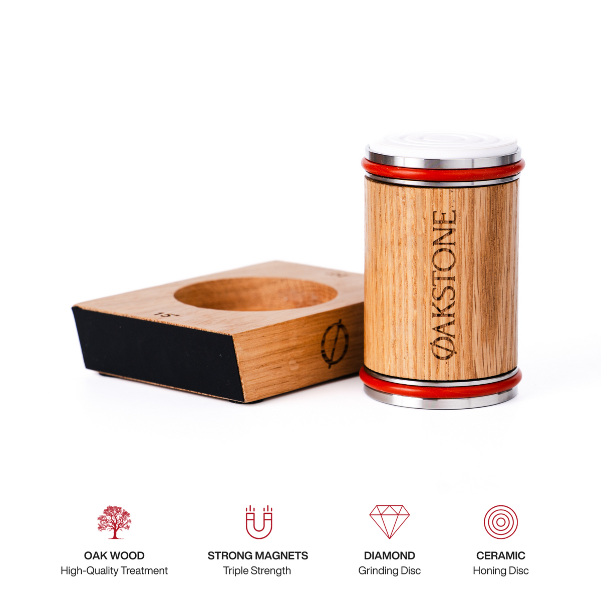 Oakstone sharpener set with callouts for oak, stainless steel, magnets, diamond and ceramic discs